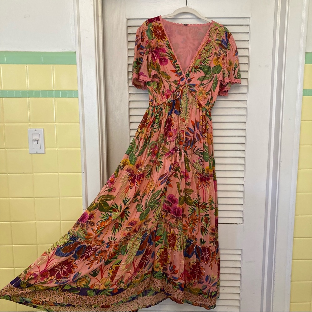 Anthropologie Me Too Magic Boho Pink Floral Maxi Dress Flutter Sleeve Gold -sz L